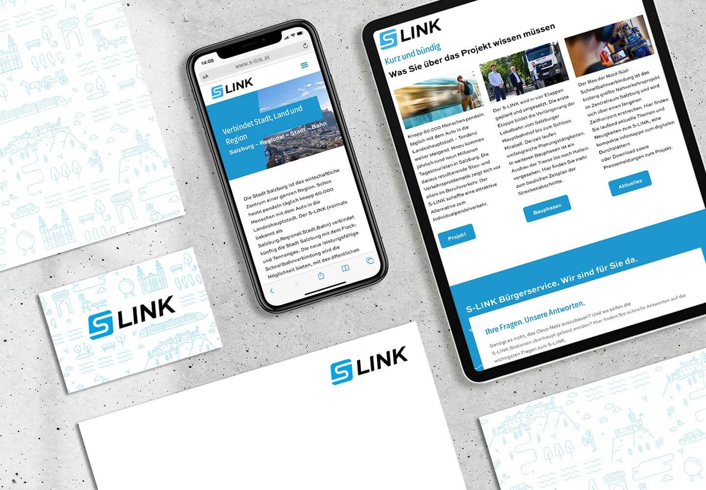 Gesamtansicht des neuen S-LINK Corporate Designs und der Corporate Identity, mit Website, Social-Media-Auftritt, Roll-ups, Infostelen und Drucksorten.