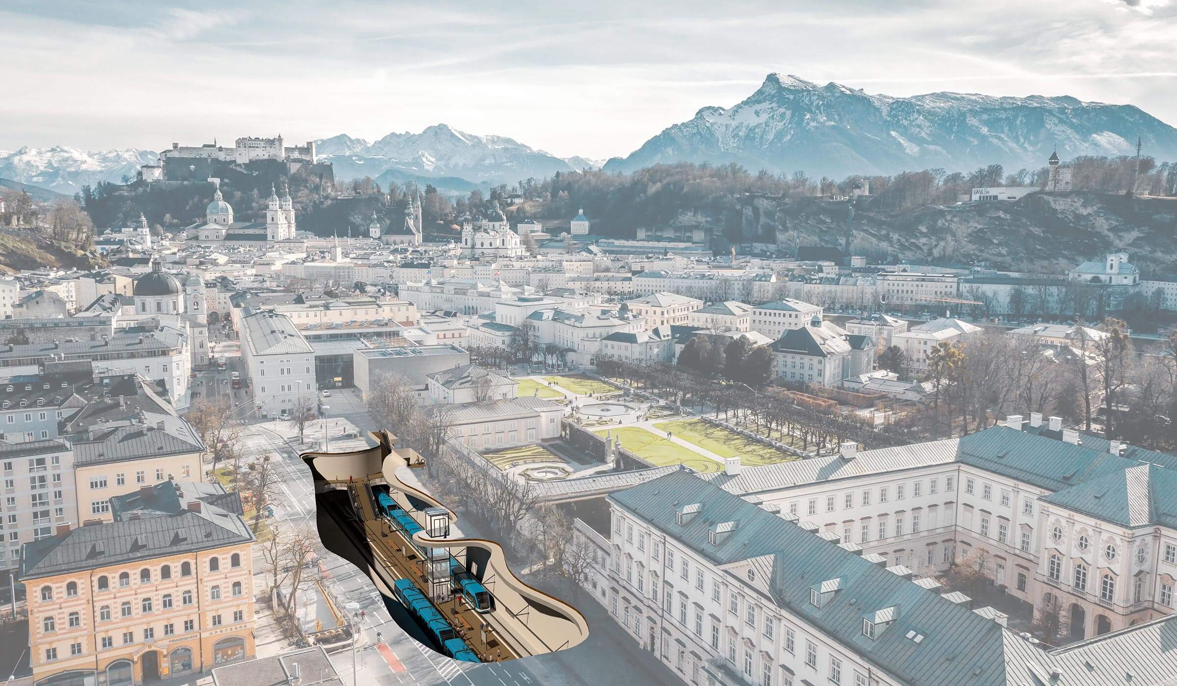 Blick auf Salzburg mit dem Mirabellplatz im Vordergrund und einer Visualisierung der unterirdischen S-Link Haltestelle.