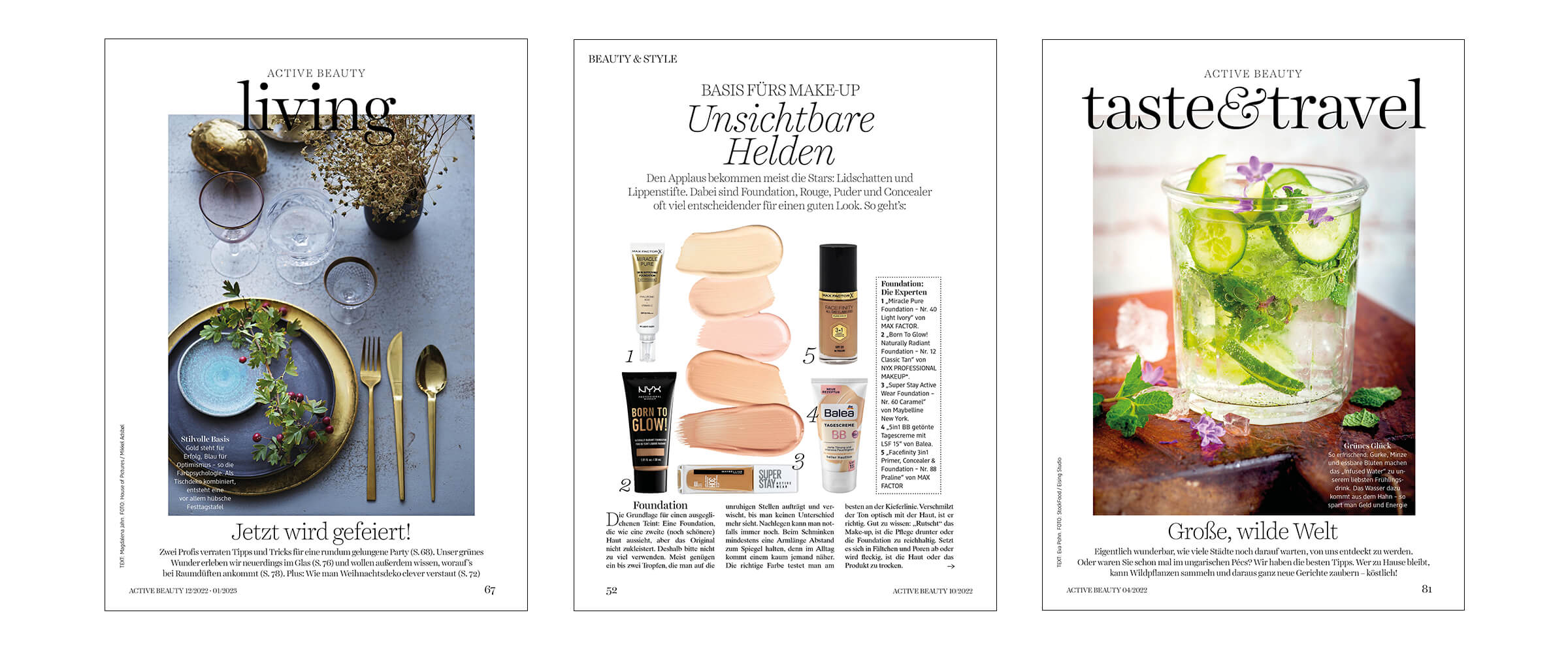 Drei Seiten aus der Ausgabe 06/22 des Active Beauty.